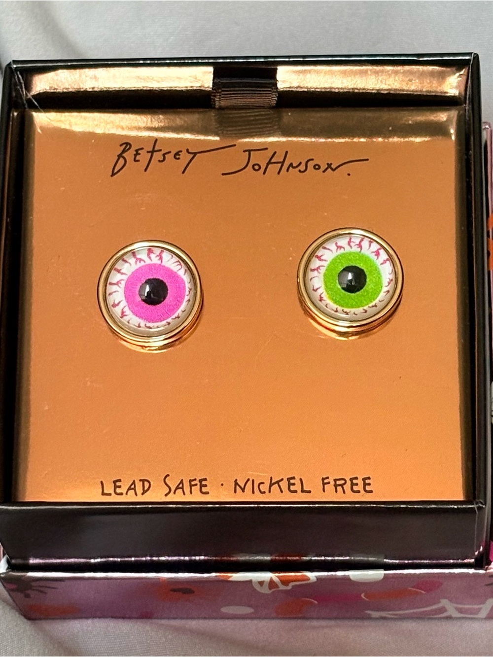 Betsey Johnson Pink & Green Eyeball Stud Earrings in Gold Tone